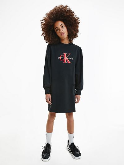Calvin Klein Ruhák HU079706 | Calvin Klein Embroidered Logo Sweatshirt Lány Ruha Fekete